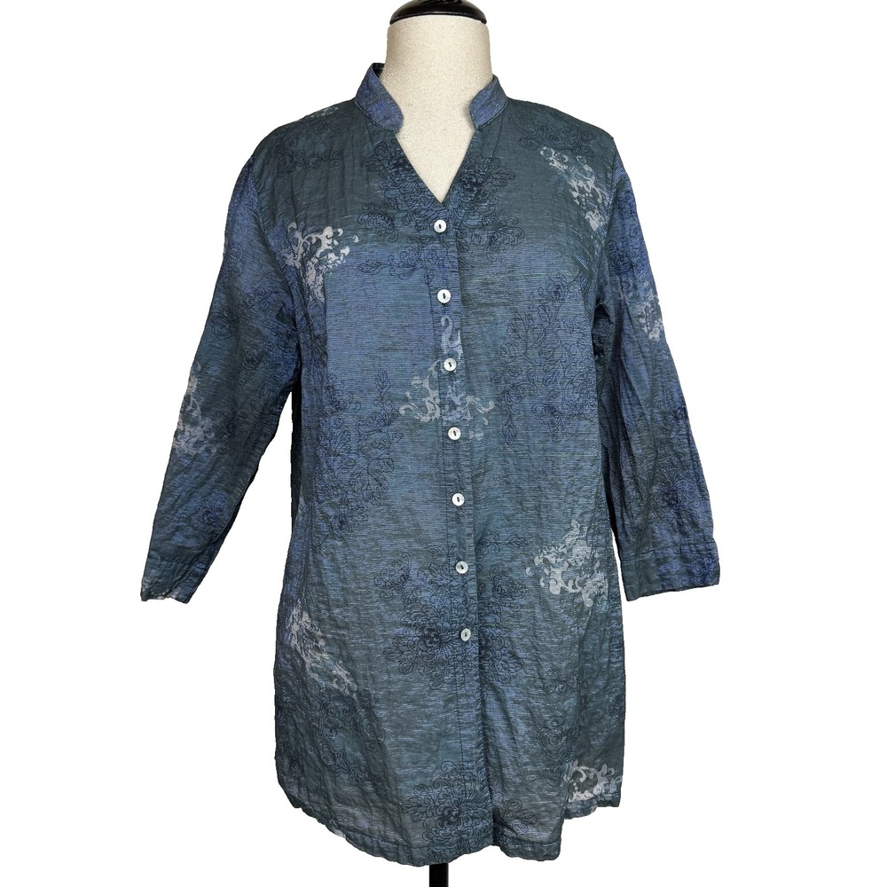 Cut Loose Tunic Blouse Womens Sz L Blue Button Front Long Sleeve USA‎ Boho Artsy